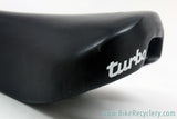 Selle Italia Turbo Saddle: Smooth Black Leather - White Decals - Vintage 1980's (NM+)