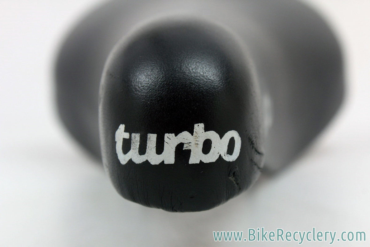 Selle Italia Turbo Saddle: Smooth Black Leather - White Decals - Vintage 1980's (NM+)
