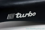 Selle Italia Turbo Saddle: Smooth Black Leather - White Decals - Vintage 1980's (NM+)