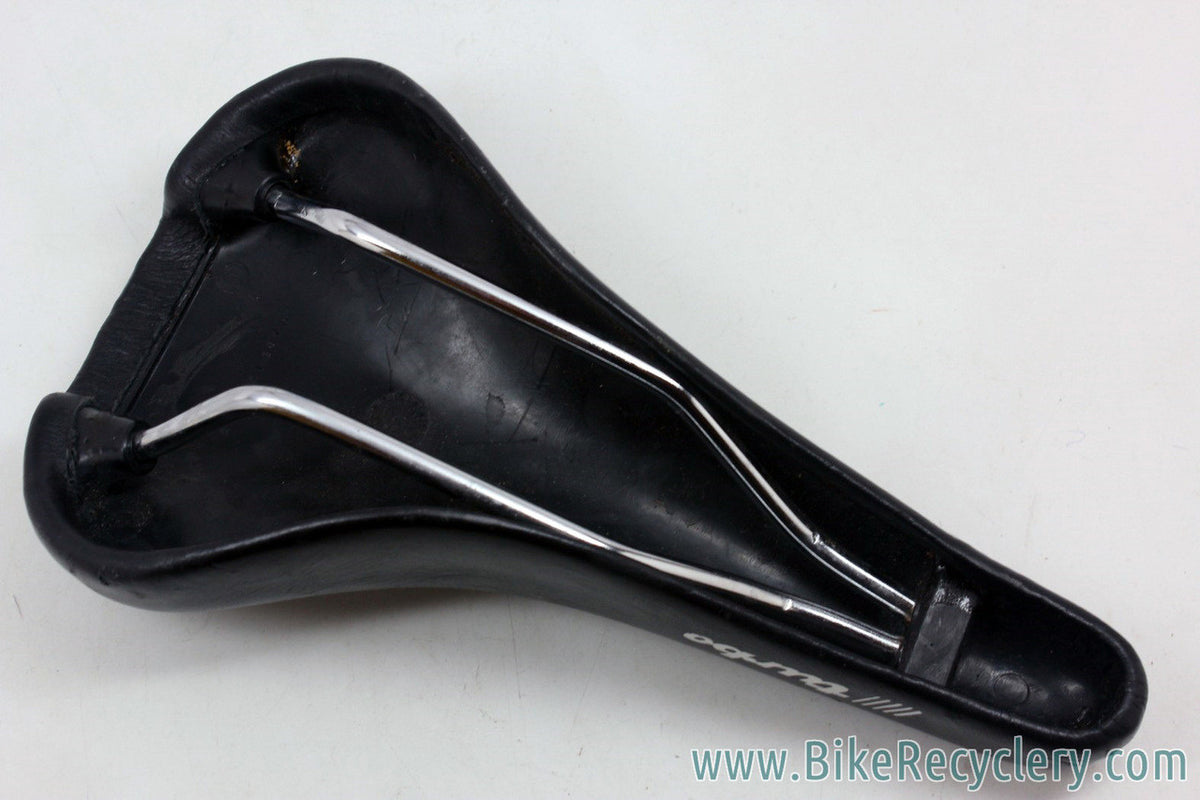 Selle Italia Turbo Saddle: Smooth Black Leather - White Decals - Vintage 1980's (NM+)