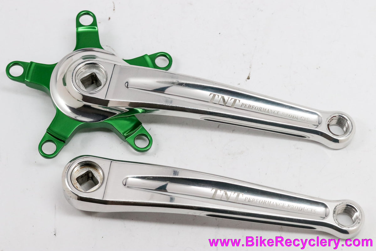 TNT HDS Crank Arms: Polished + Green Ano Spider - 175mm x 110/74mm (BARELY USED Near Mint++)