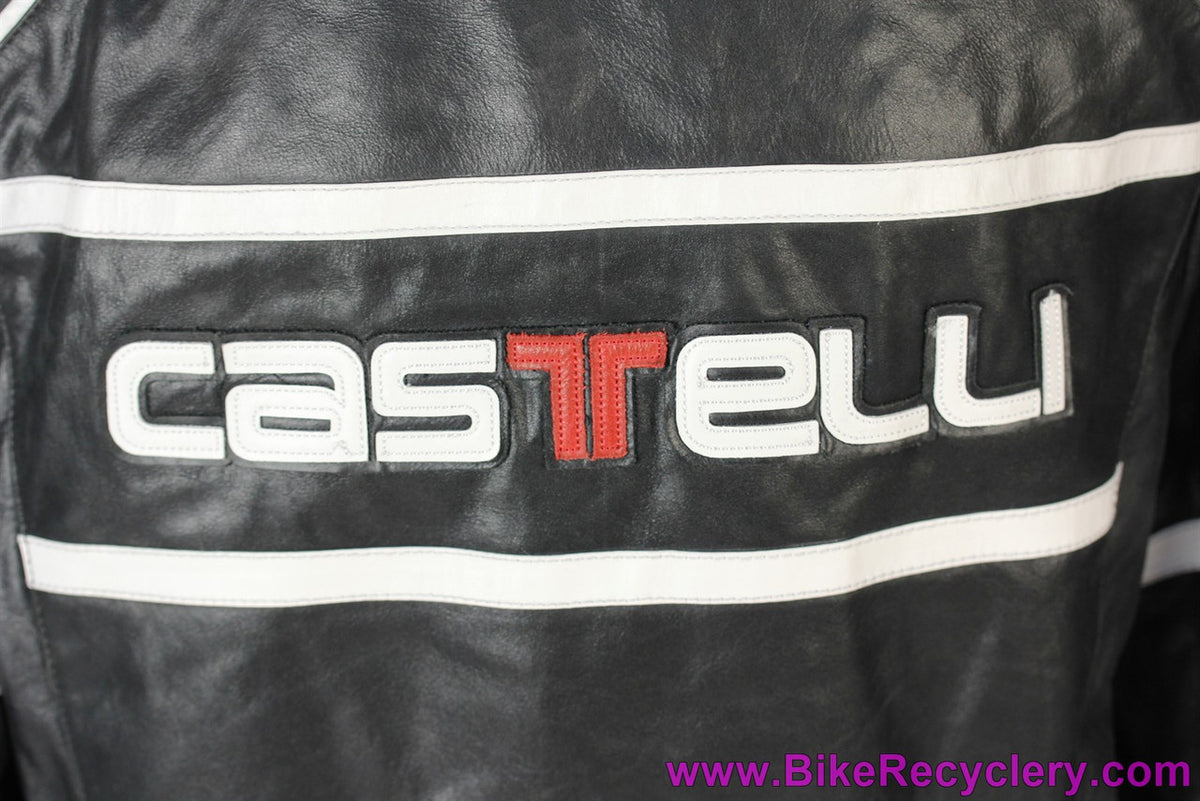Castelli Leather Moto Jacket: Medium(+) - Black Genuine Italian Leather - Red/White Leather Patchwork (Near Mint+)