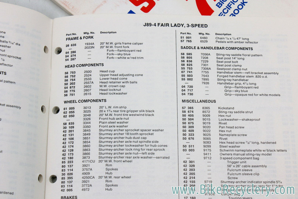 Schwinn Bicycle Repair Parts Specifications Catalog LOT: 1986 to 1999 - 10pc - Stock part specs for every bike model!