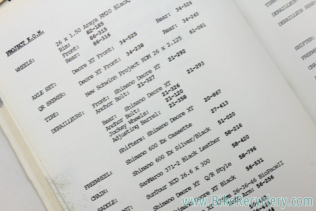 Schwinn Bicycle Repair Parts Specifications Catalog LOT: 1986 to 1999 - 10pc - Stock part specs for every bike model!
