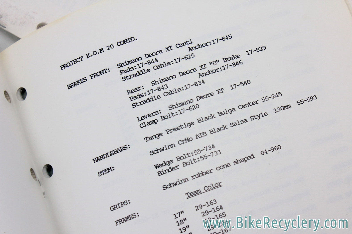Schwinn Bicycle Repair Parts Specifications Catalog LOT: 1986 to 1999 - 10pc - Stock part specs for every bike model!