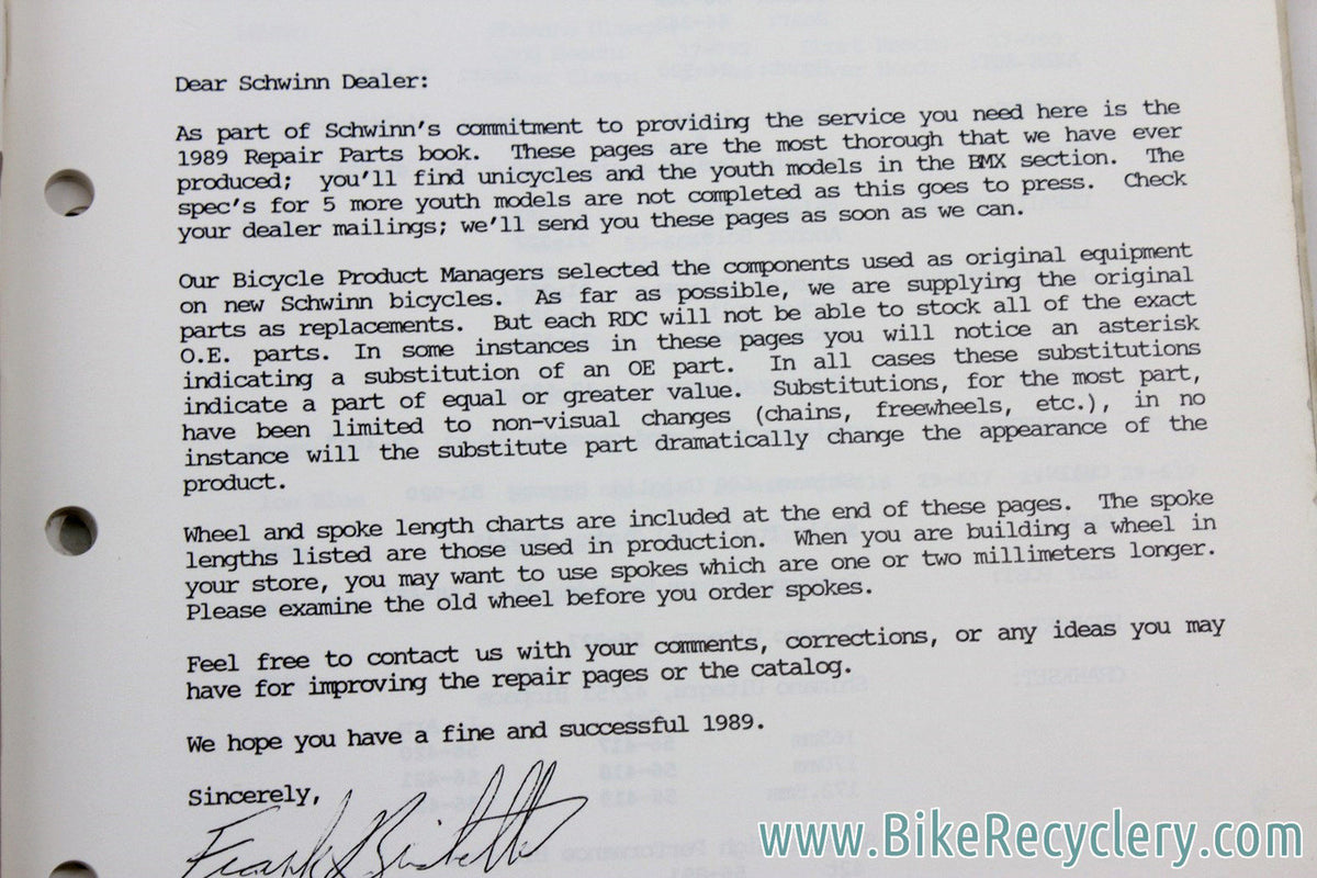 Schwinn Bicycle Repair Parts Specifications Catalog LOT: 1986 to 1999 - 10pc - Stock part specs for every bike model!