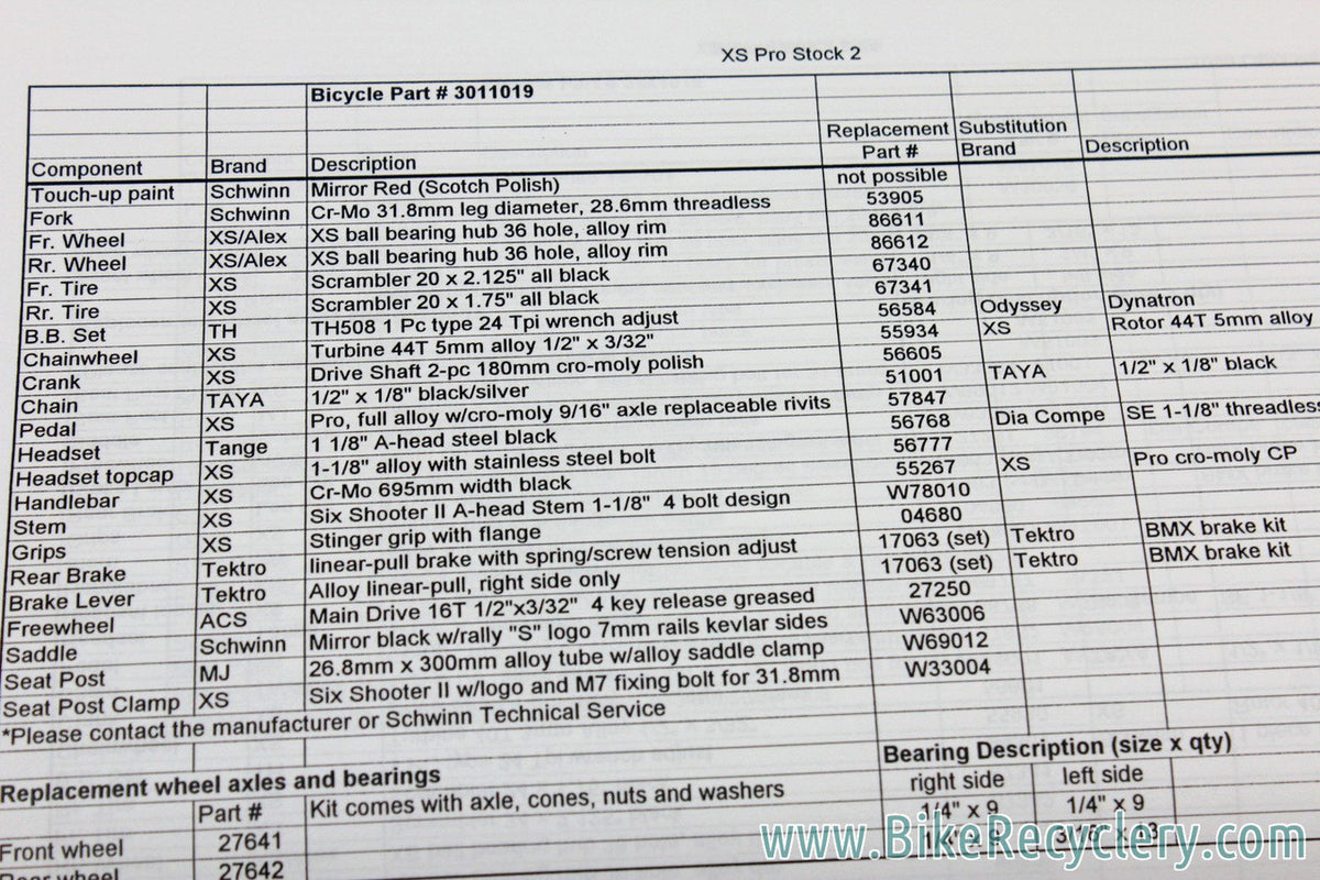 Schwinn Bicycle Repair Parts Specifications Catalog LOT: 1986 to 1999 - 10pc - Stock part specs for every bike model!