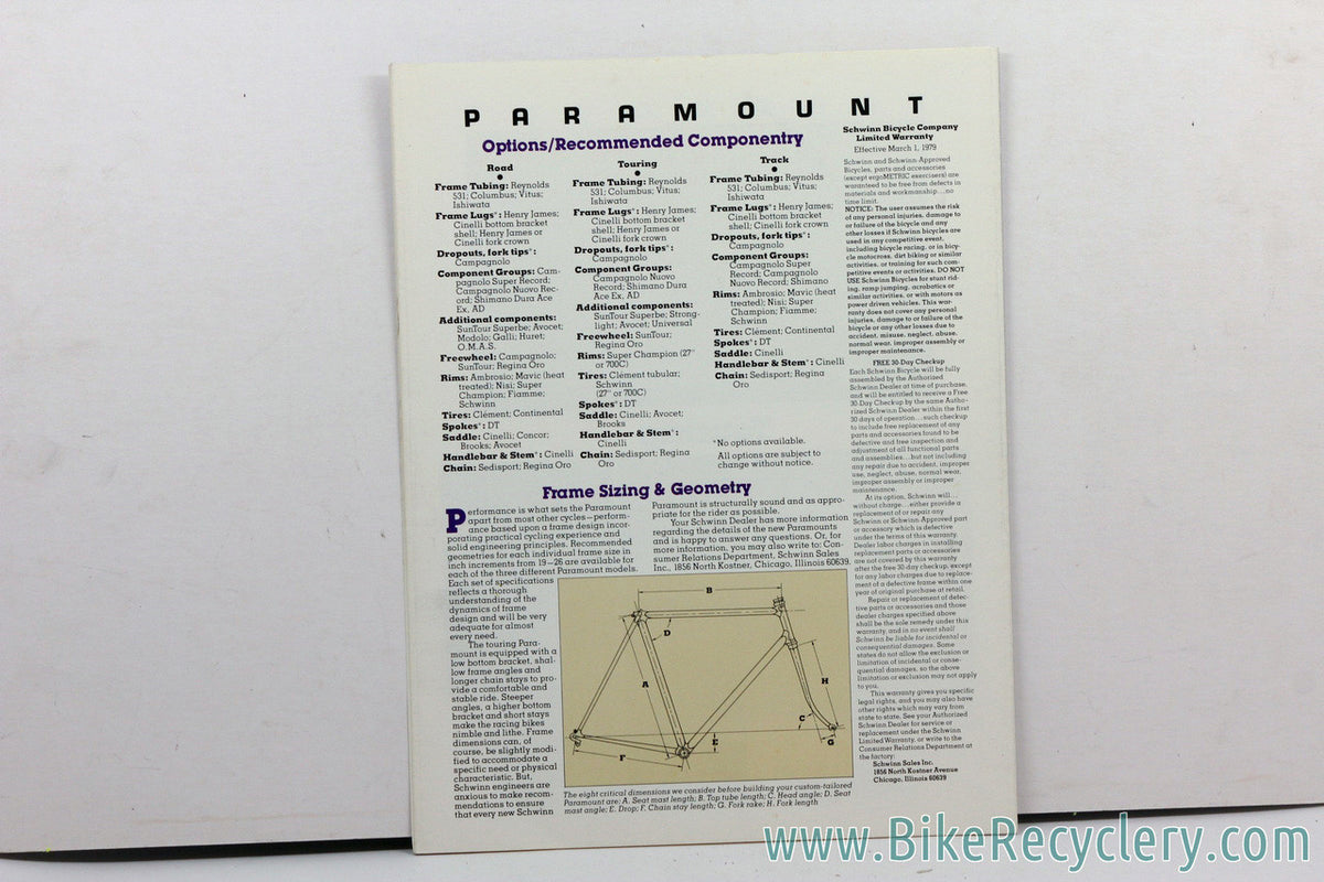 1979 Schwinn Paramount Catalog:  Last Year of Chicago Paramount!  RARE! (mint)