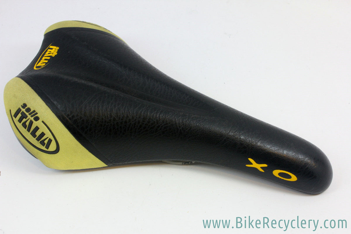 Selle Italia XO Saddle: Black Leather & Yellow Kevlar - Early 2000's (Near Mint)