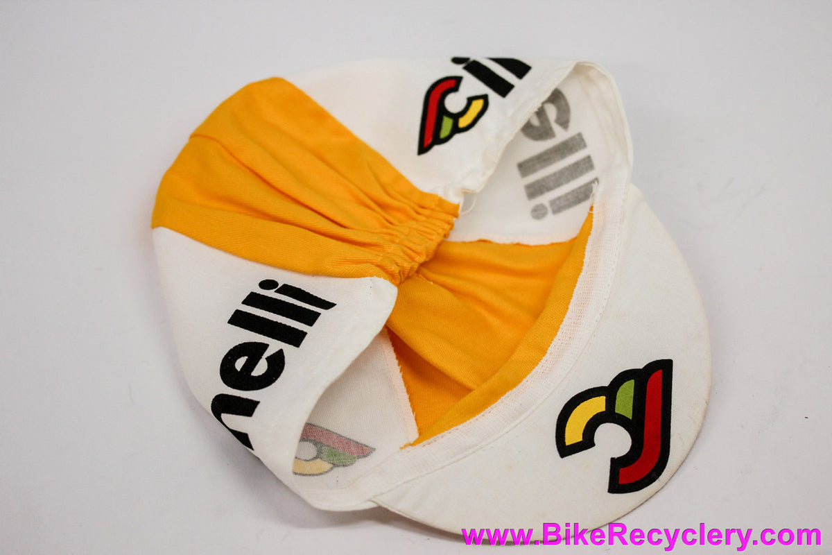 NOS Vintage Cinelli Cycling Cap: Made In Italy - 1980's - 100% Cotton - Cream White & Yellow/Orange