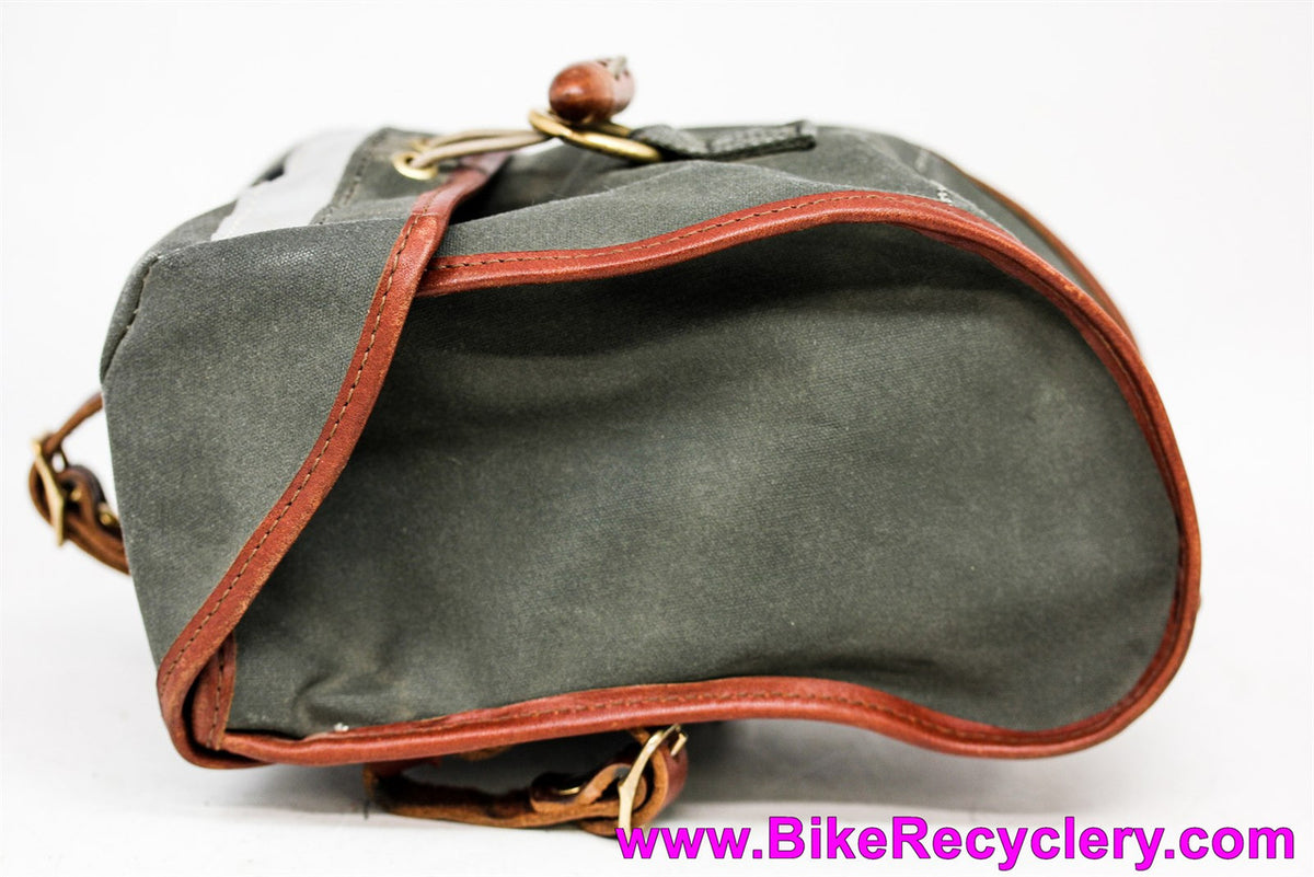 Rivendell Sackville Banana Sax Saddle / Handlebar Bag: Olive & Honey Brown Leather - Waterproof Waxed Canvas (Near Mint)