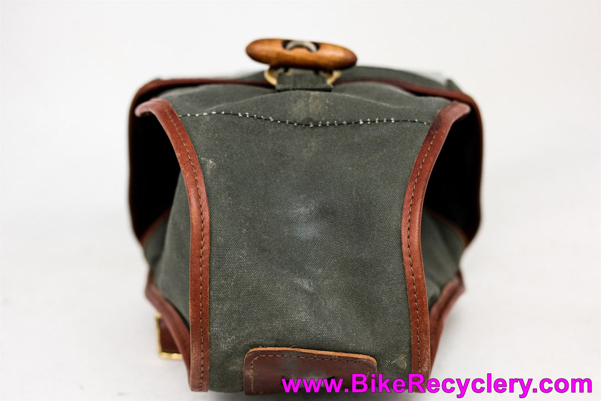 Rivendell Sackville Banana Sax Saddle / Handlebar Bag: Olive & Honey Brown Leather - Waterproof Waxed Canvas (Near Mint)