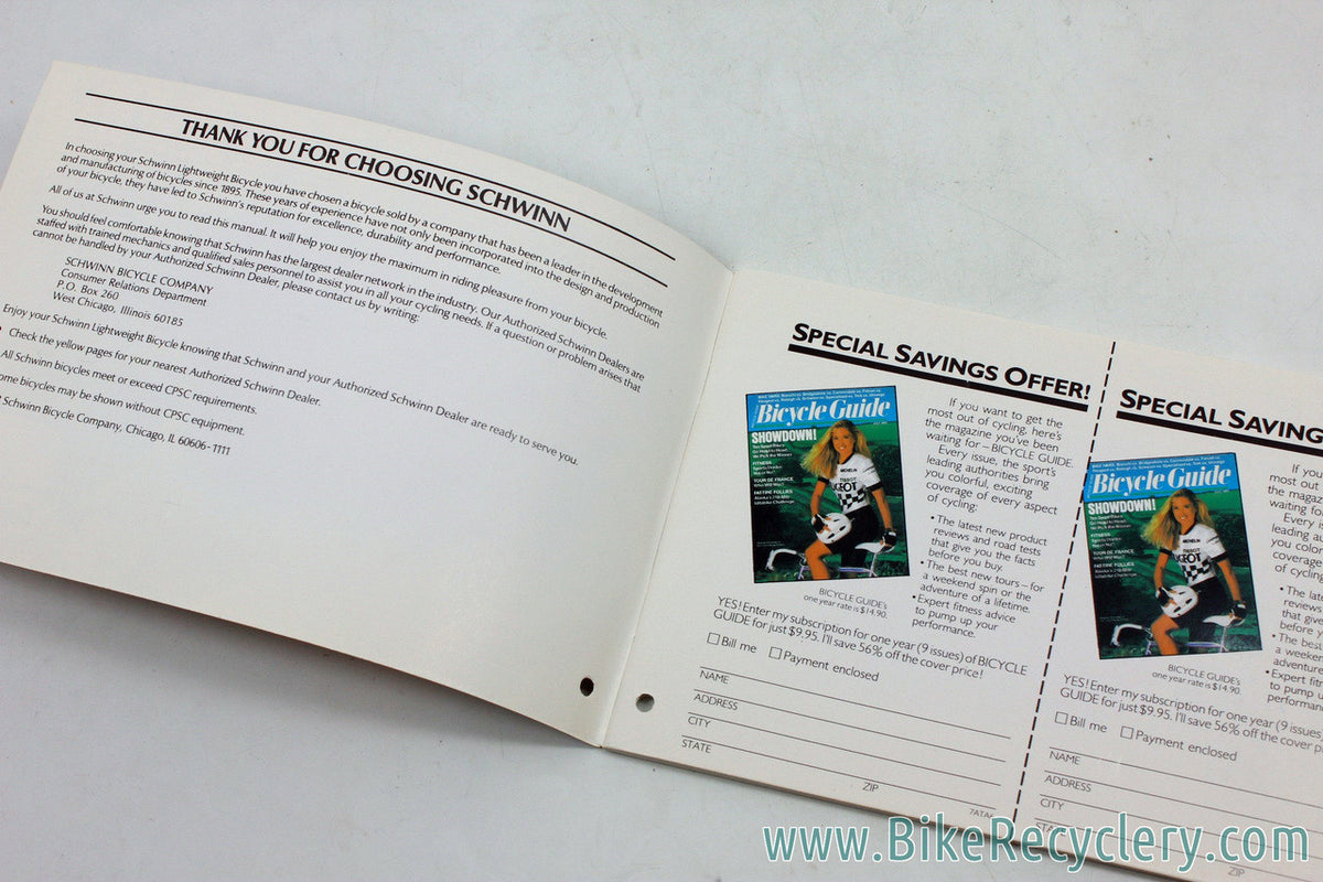 1988 Schwinn Road/MTB Owners Manual