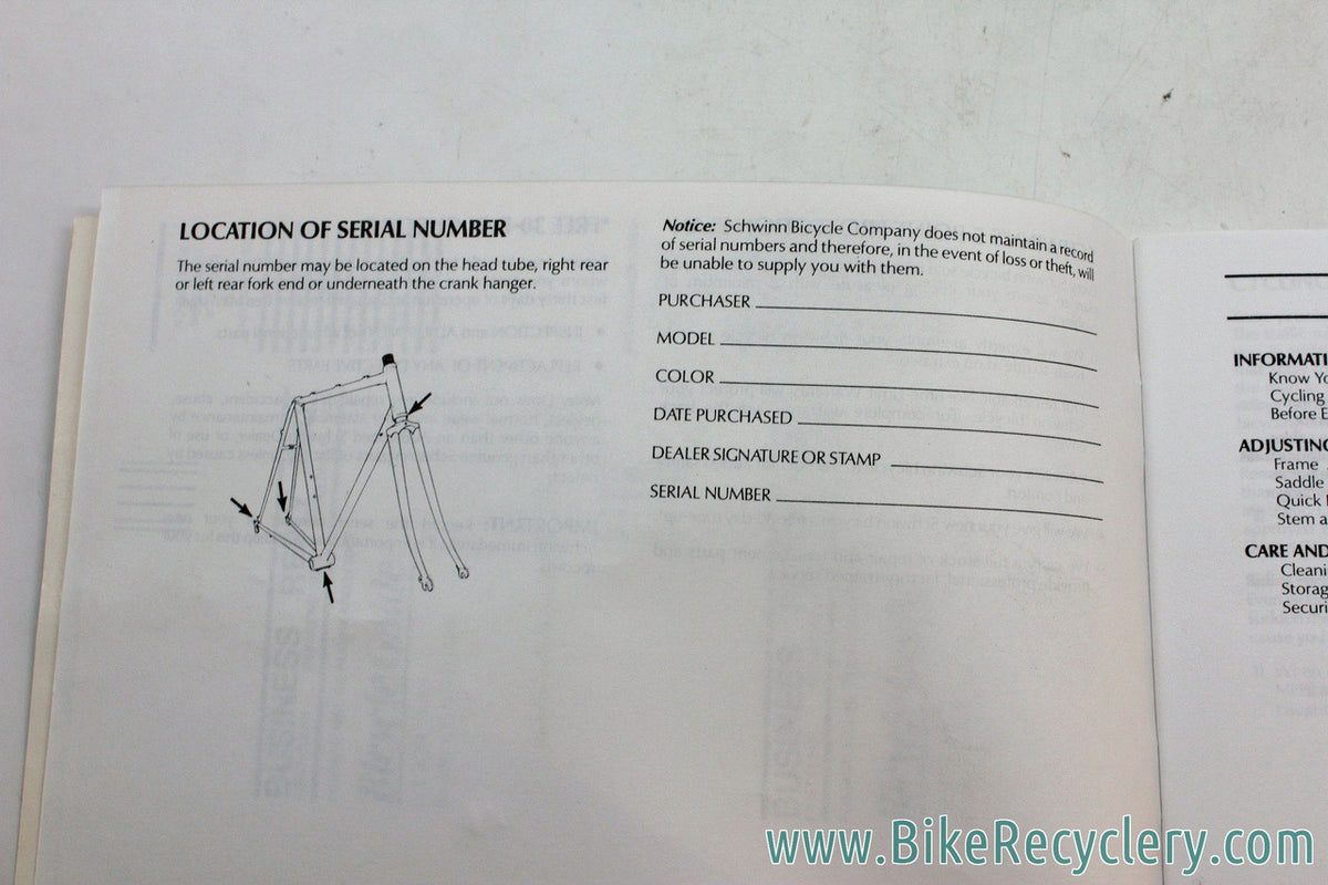 1988 Schwinn Road/MTB Owners Manual