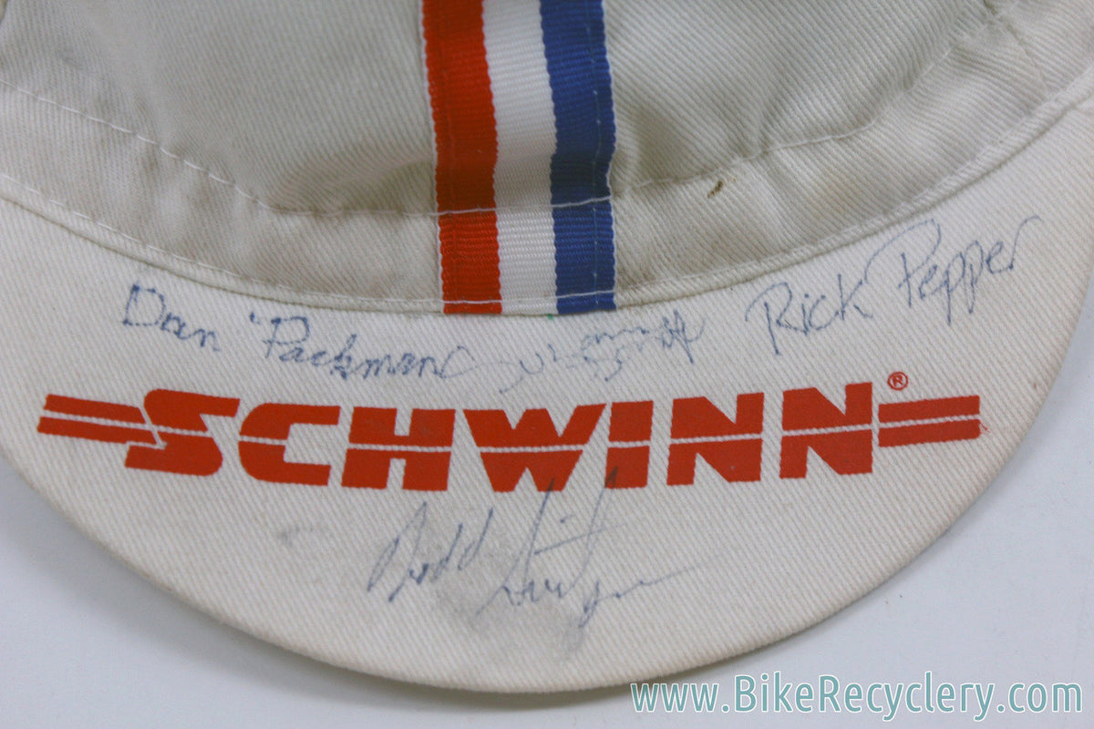 Autographed Schwinn Paramount Juvenile Team Cycling Cap: White w/ Red & Blue Stripes