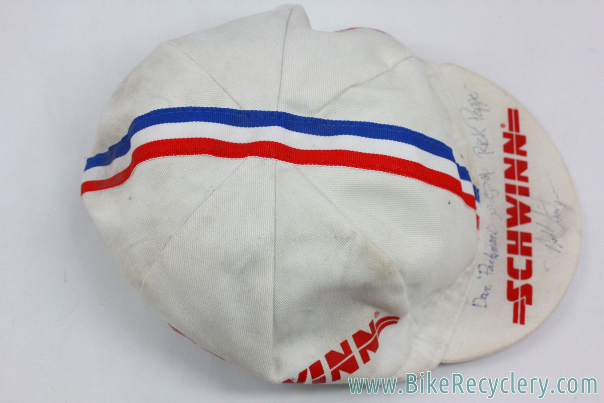 Autographed Schwinn Paramount Juvenile Team Cycling Cap: White w/ Red & Blue Stripes