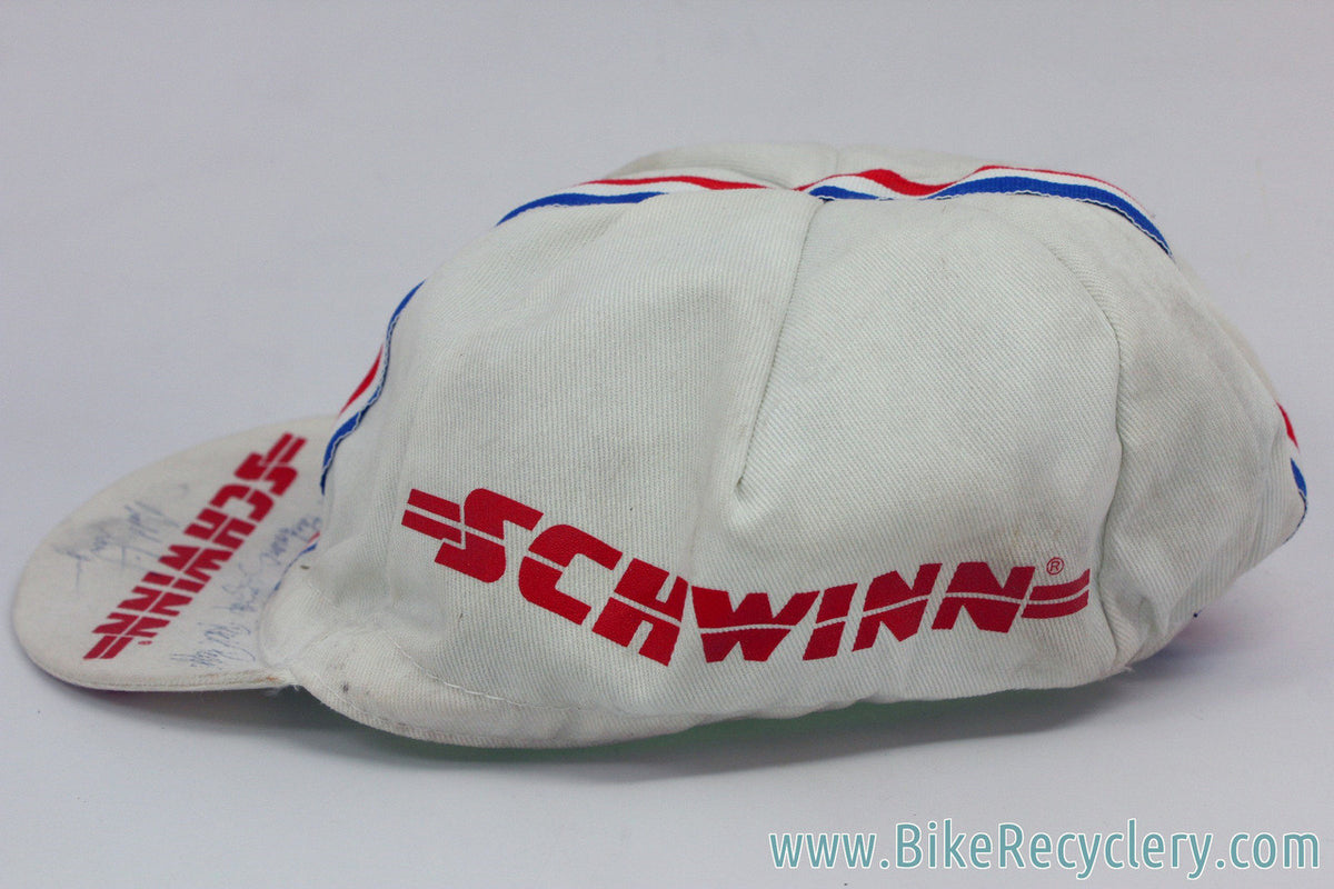 Autographed Schwinn Paramount Juvenile Team Cycling Cap: White w/ Red & Blue Stripes