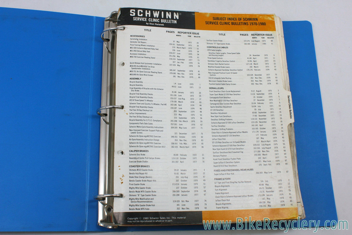 COMPLETE Schwinn Service Clinic Bulletin Set 1970-1980: 99 Bulletins + Bonus 1985 BMX / Shimano Tech (near mint)
