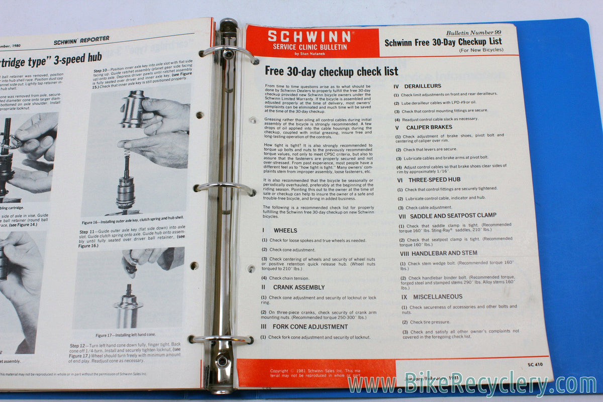 COMPLETE Schwinn Service Clinic Bulletin Set 1970-1980: 99 Bulletins + Bonus 1985 BMX / Shimano Tech (near mint)