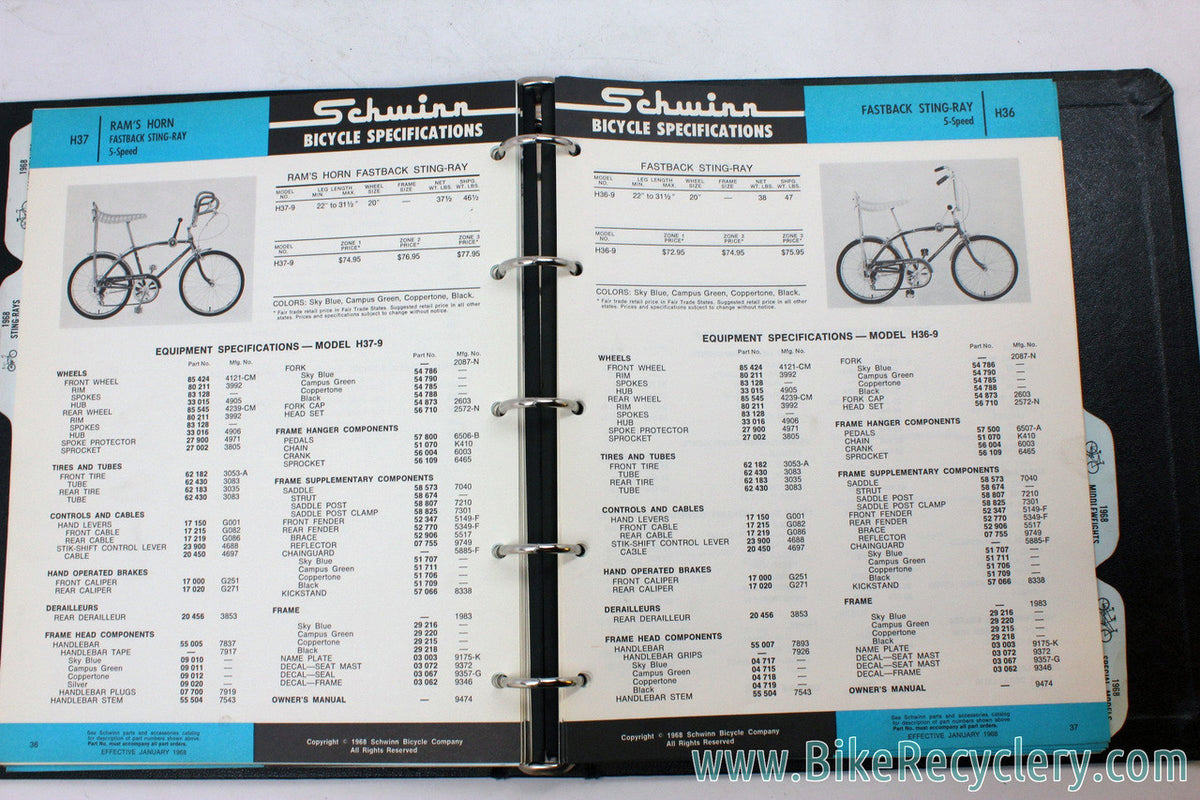 1968 Schwinn Bikes Dealer Catalog: Black Binder - 1st year of Stingray Krate! 82 Pages + Bonus Price Lists! (MINT)