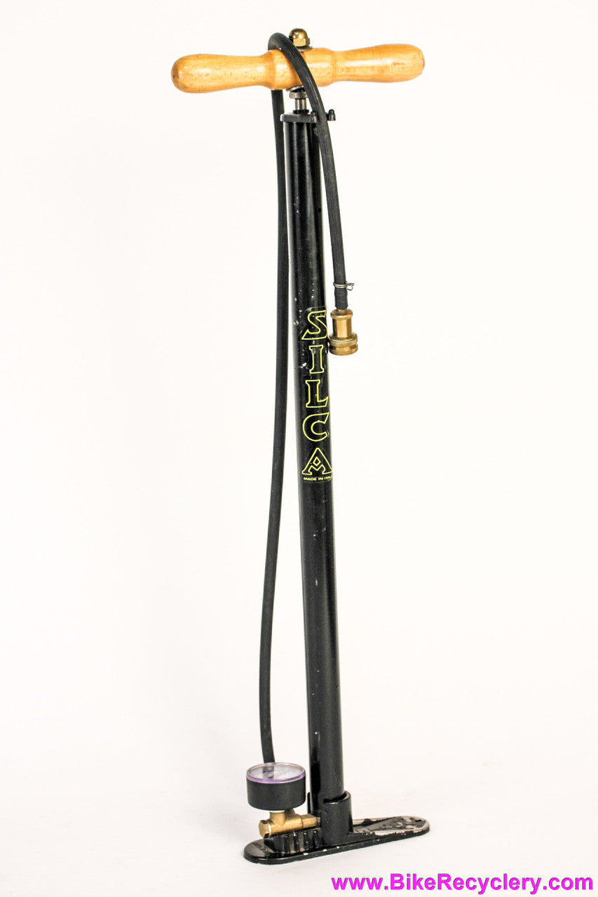 Vintage Silca Super Pista Floor Pump: Wooden Handle - Brass Head & Nut - Yellow Vertical Logo (EXC+ Works Perfectly)