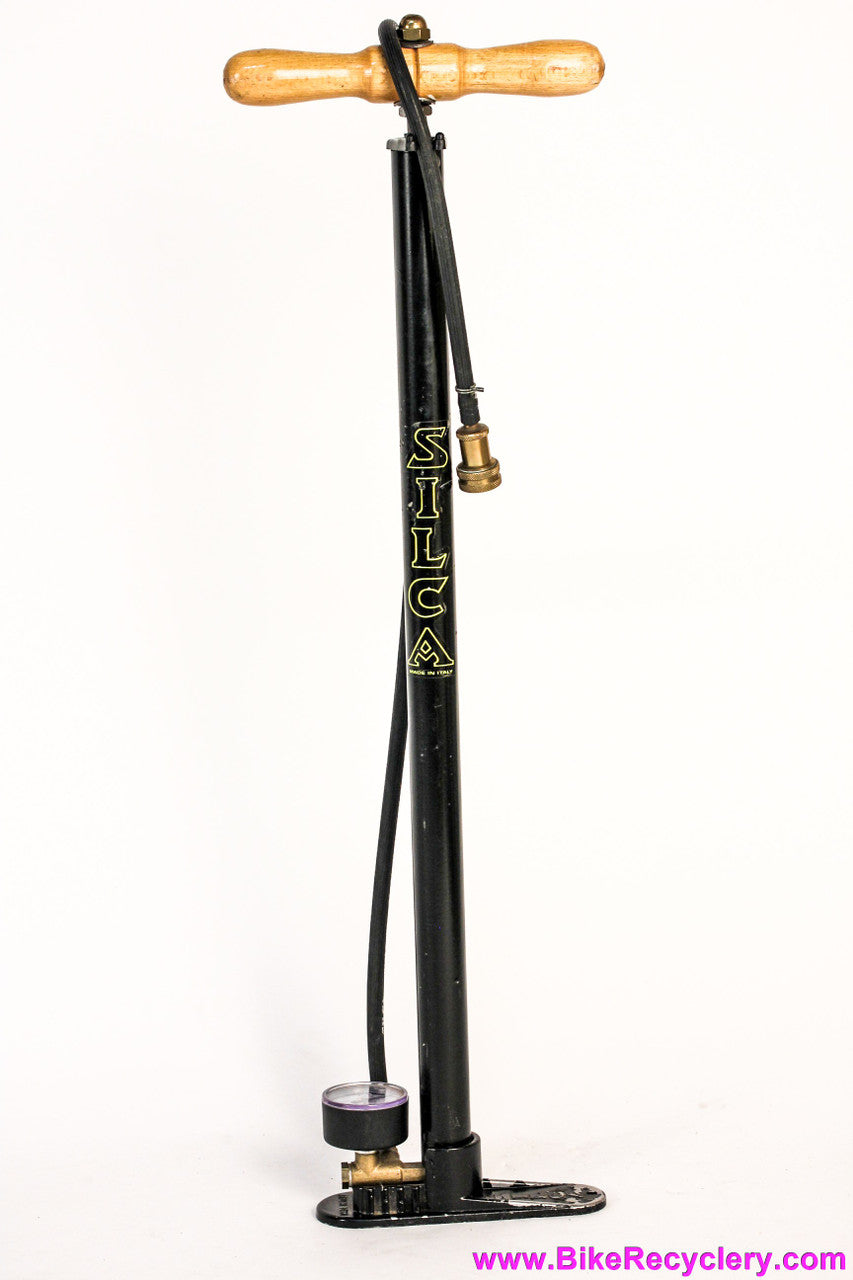 Vintage Silca Super Pista Floor Pump: Wooden Handle - Brass Head & Nut - Yellow Vertical Logo (EXC+ Works Perfectly)